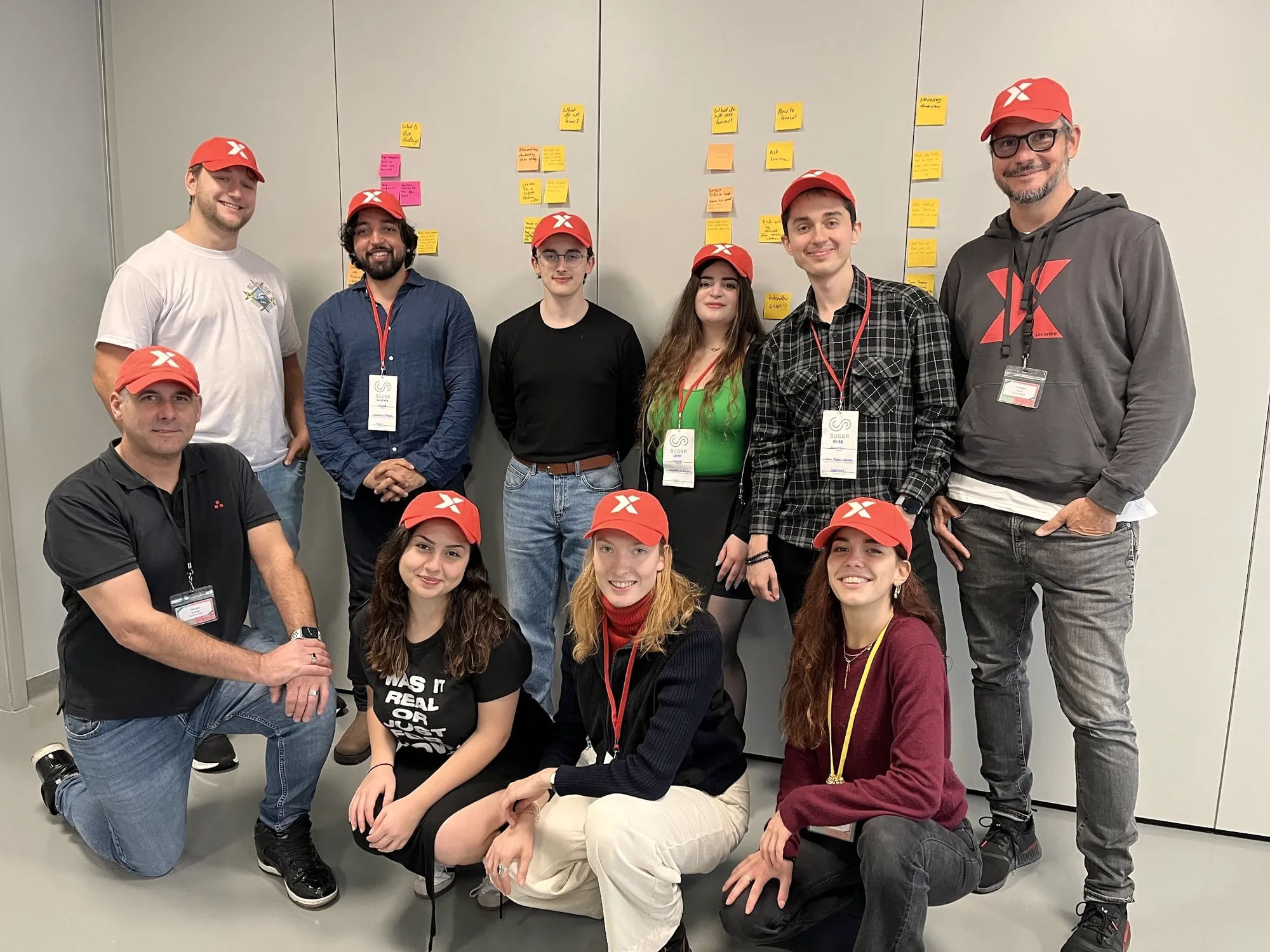 A project team in red caps poses in front of a wall of post-its